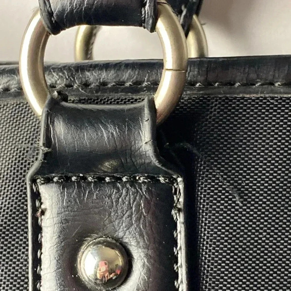 FRANKLIN COVEY VEGAN LEATHER BAG BLACK SILVER ACCENTS BLACK WHITE STRIPE LINING - Picture 5 of 12